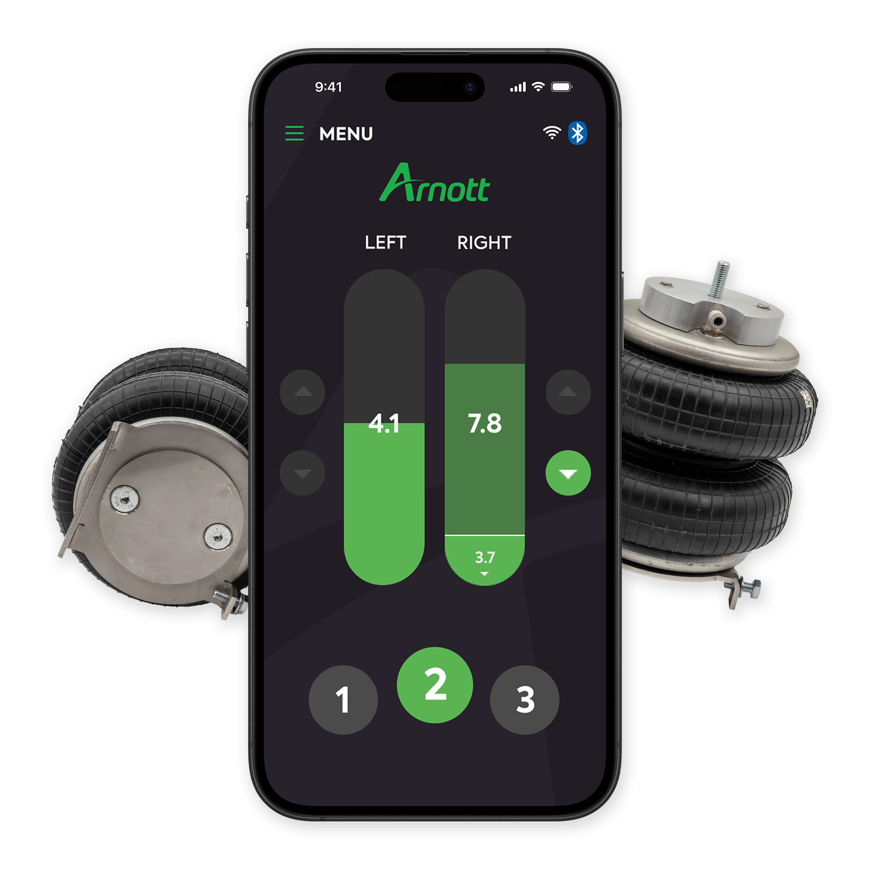 Arnott air helper spring app on iPhone mockup with not to scale helper springs in background